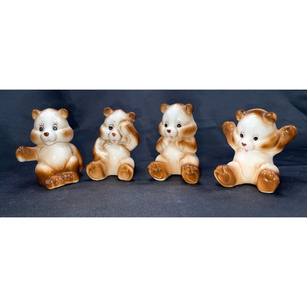 VINTAGE GENUINE BONE CHINA BROWN & WHITE 3" BEAR FIGURINES - SET OF 4